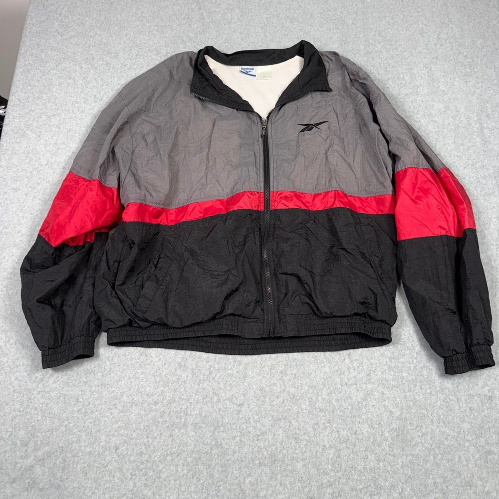 Vintage 90s Reebok Windbreaker Jacket Mens XXL Grey Red Black Colorblock Track